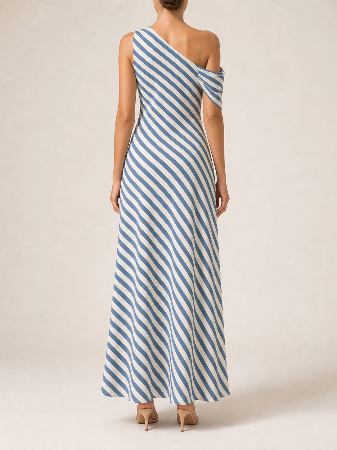 Women's blue-gray and ivory diagonal stripe one-shoulder maxi dress back view