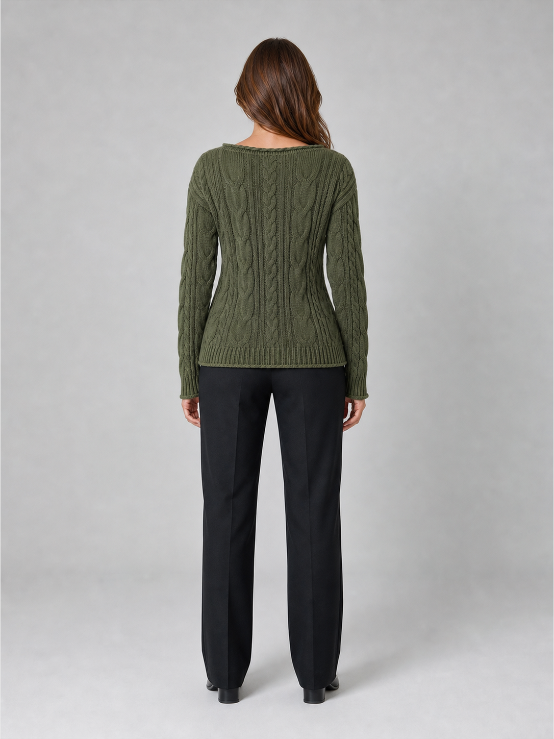 Women's olive cable knit sweater back view