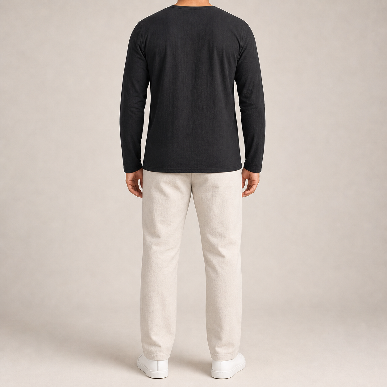 Men's black long-sleeve V-neck shirt back view