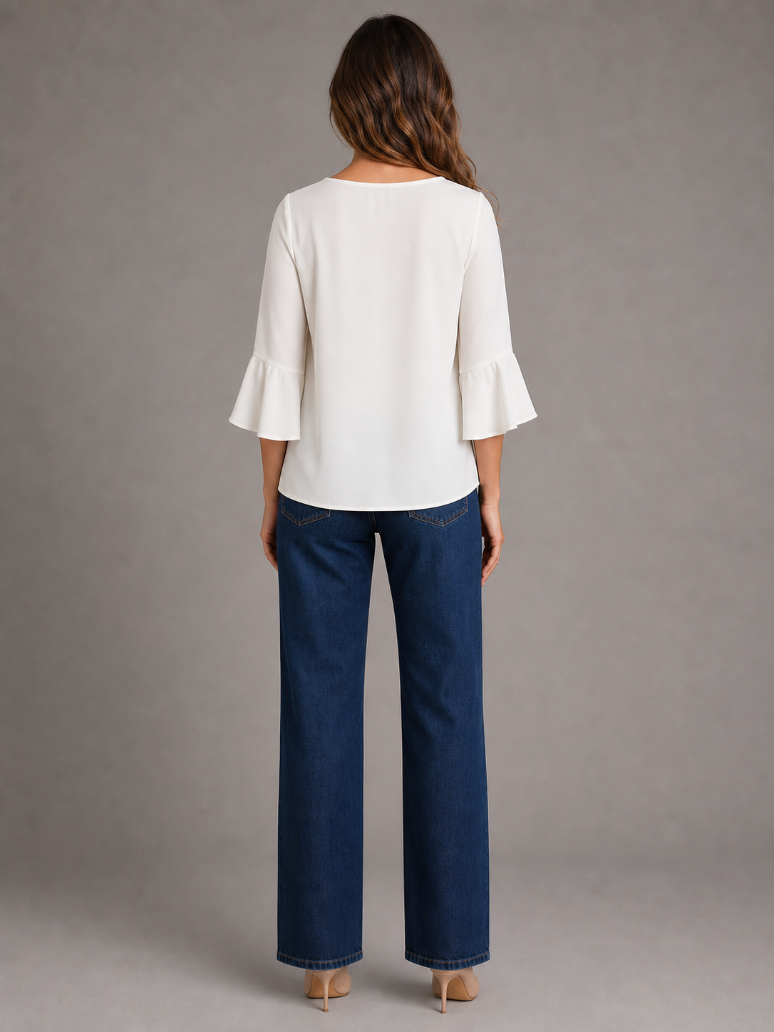 Women's ivory tie-front bell-sleeve blouse back view