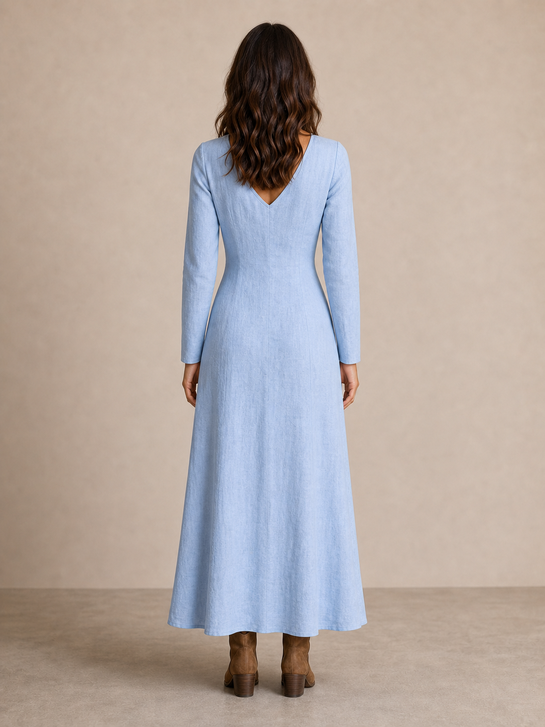 Women's powder blue V-neck button slit maxi dress back view