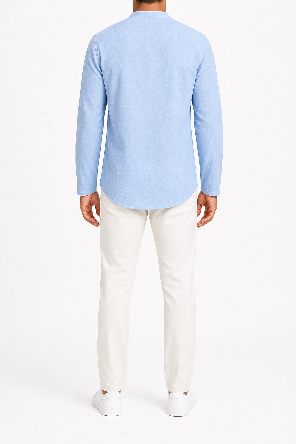 Men's light blue linen-cotton split-neck shirt back view