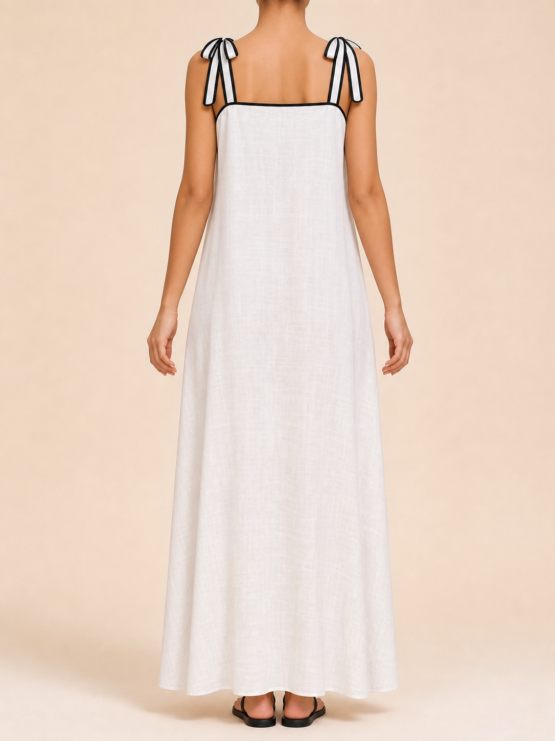 Women's soft-white black-trim tie-shoulder maxi dress back view