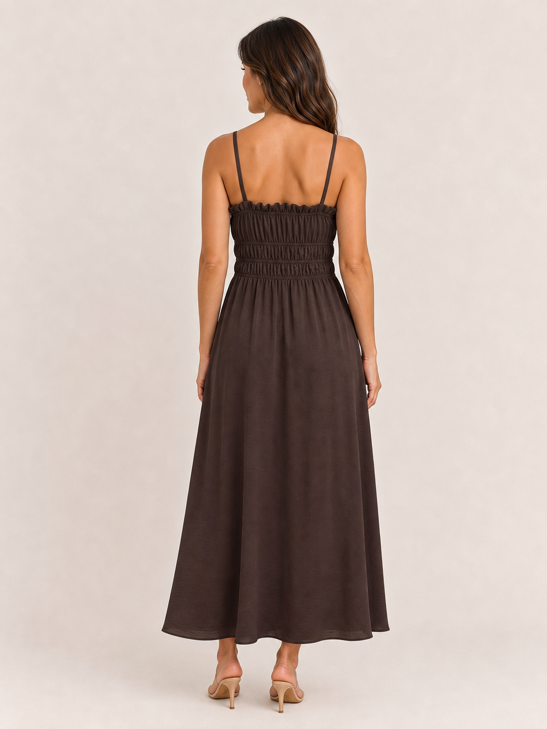 Women's chocolate ruched drawstring maxi dress back view