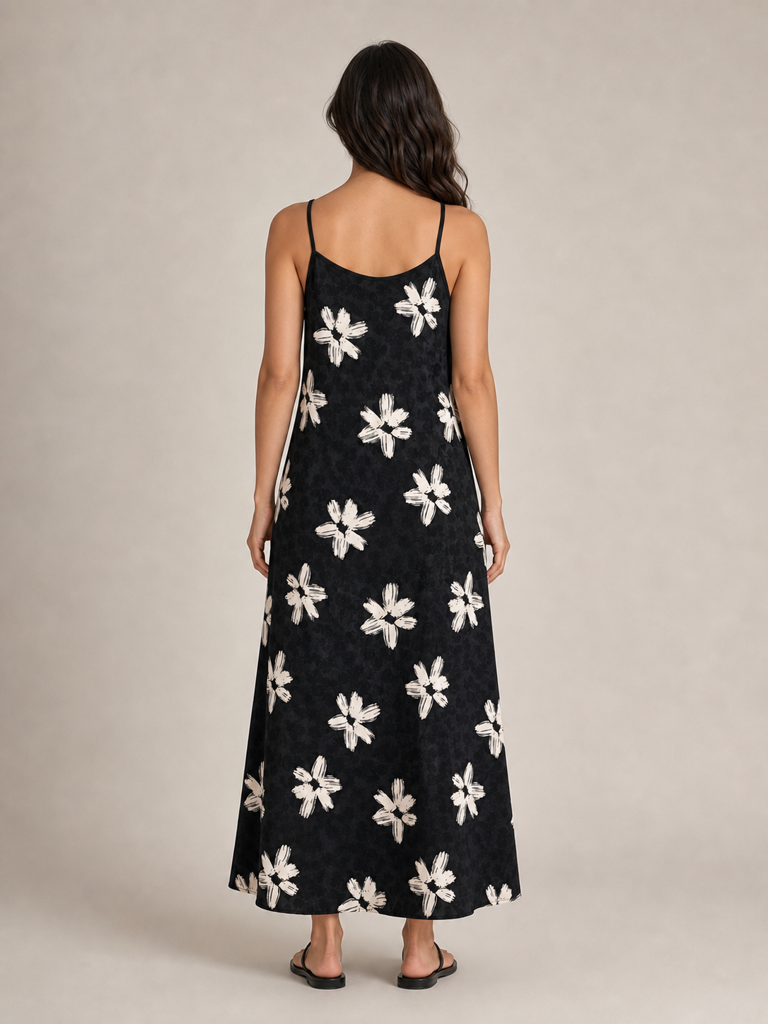 Women's black ivory floral camisole maxi dress back view
