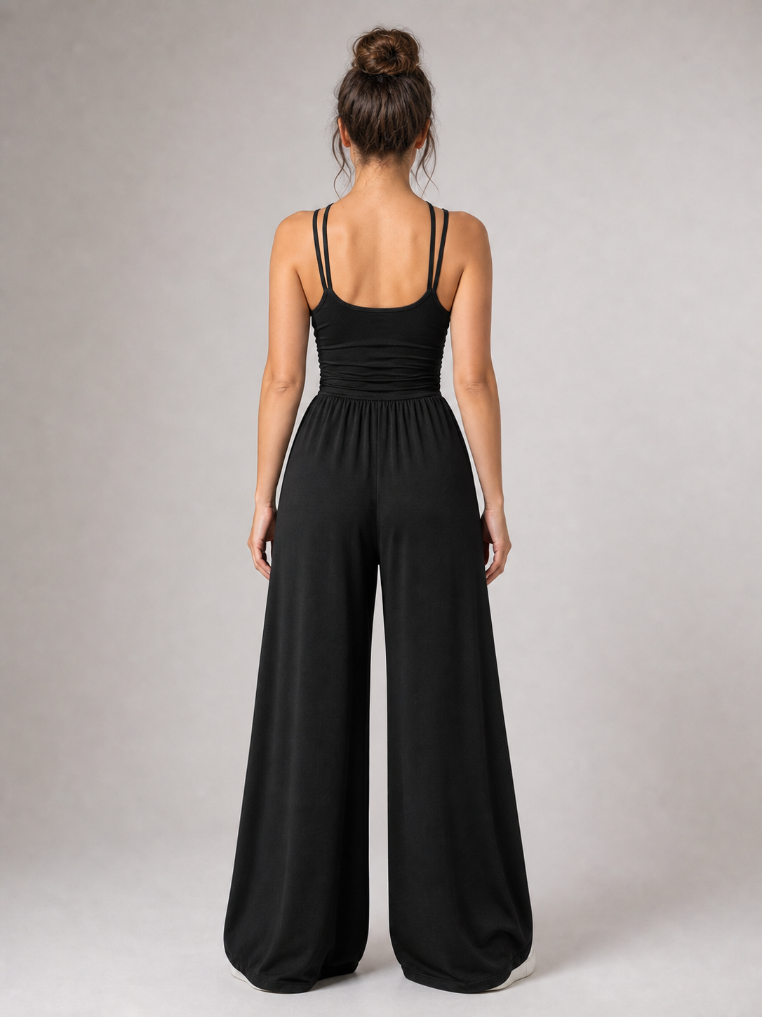Women's black scoop-neck wide-leg jumpsuit back view