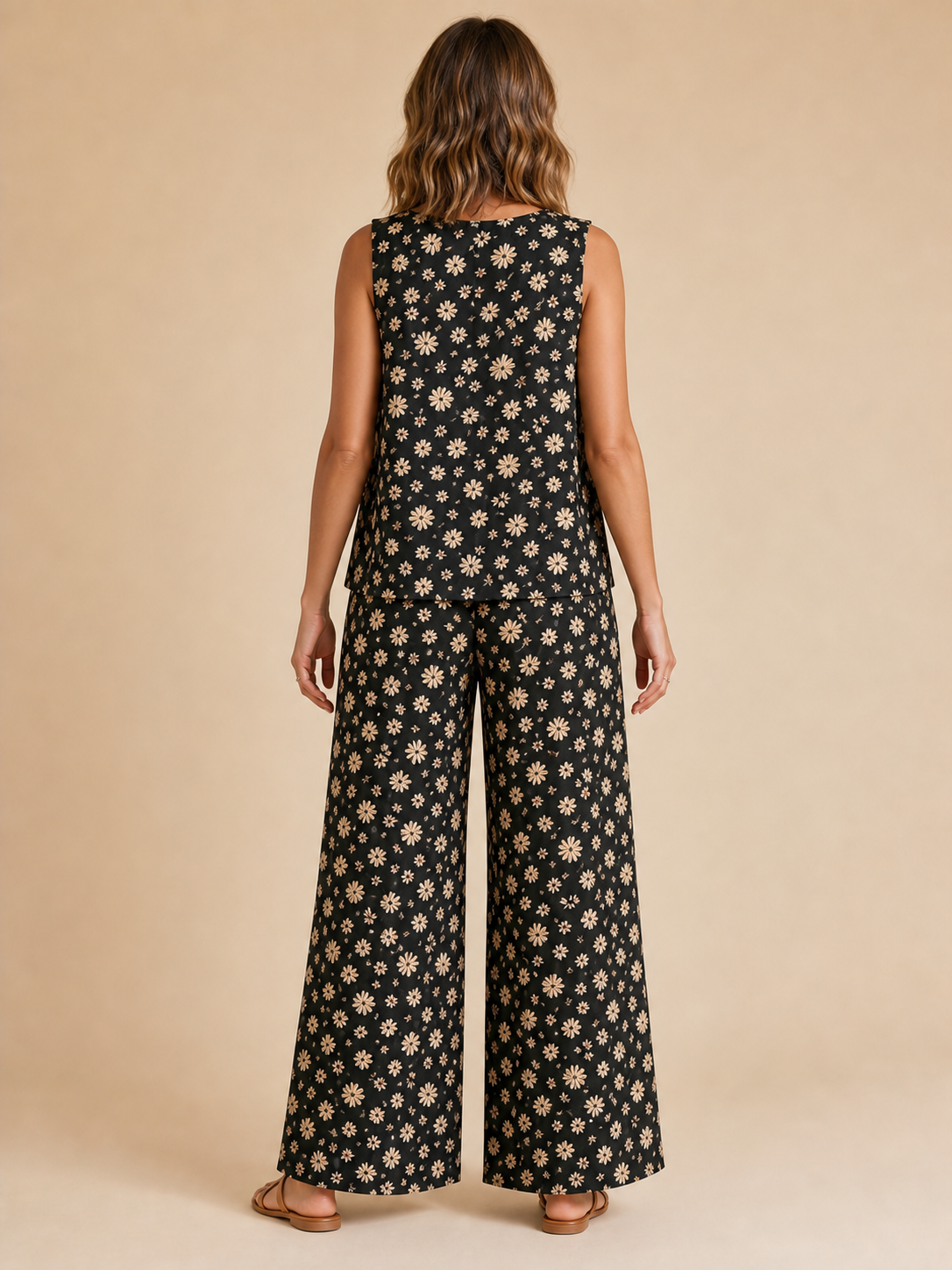 Back view of women's black daisy sleeveless wide-leg set