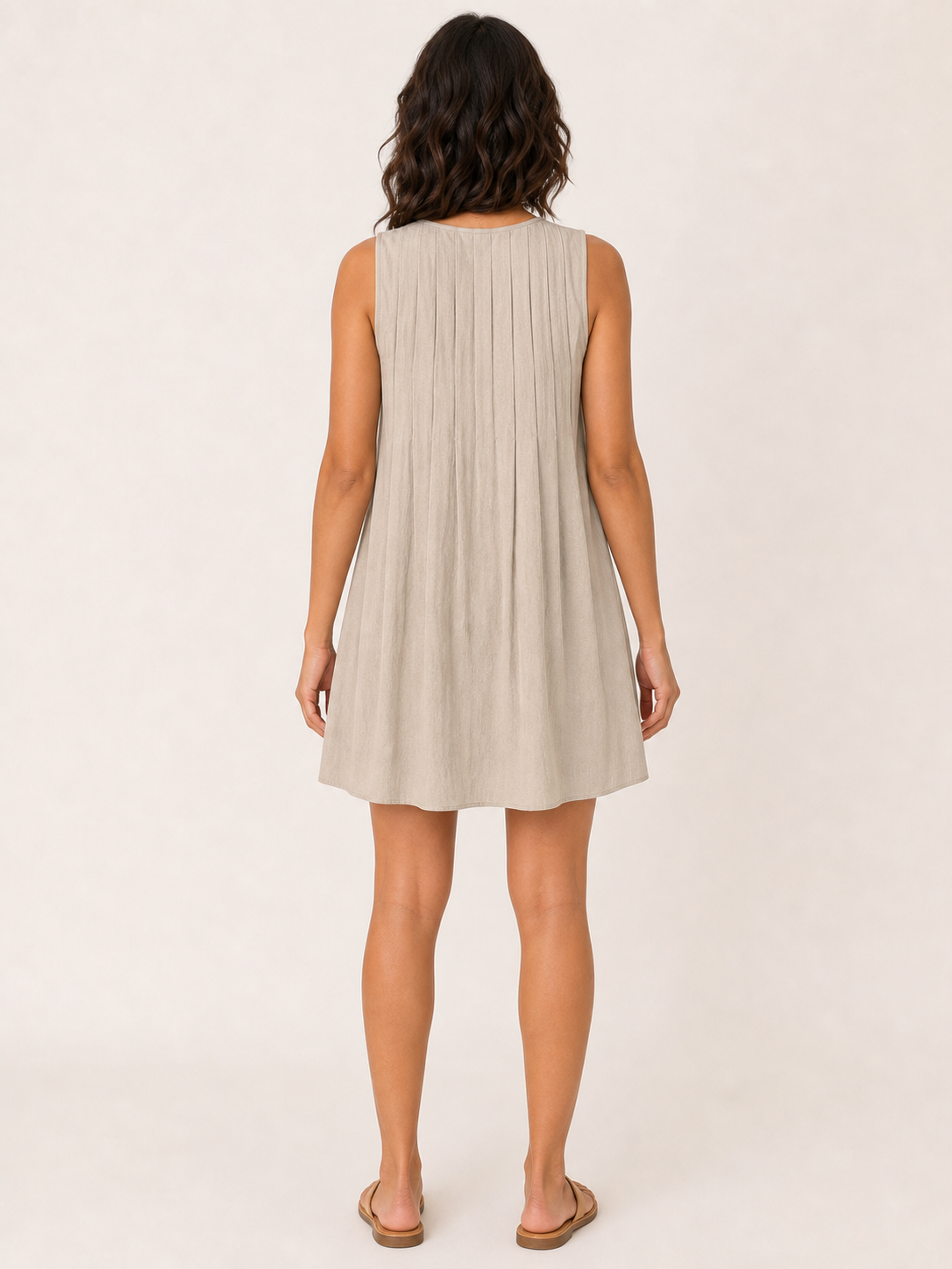 Women's sand tie-front pintuck mini dress back view