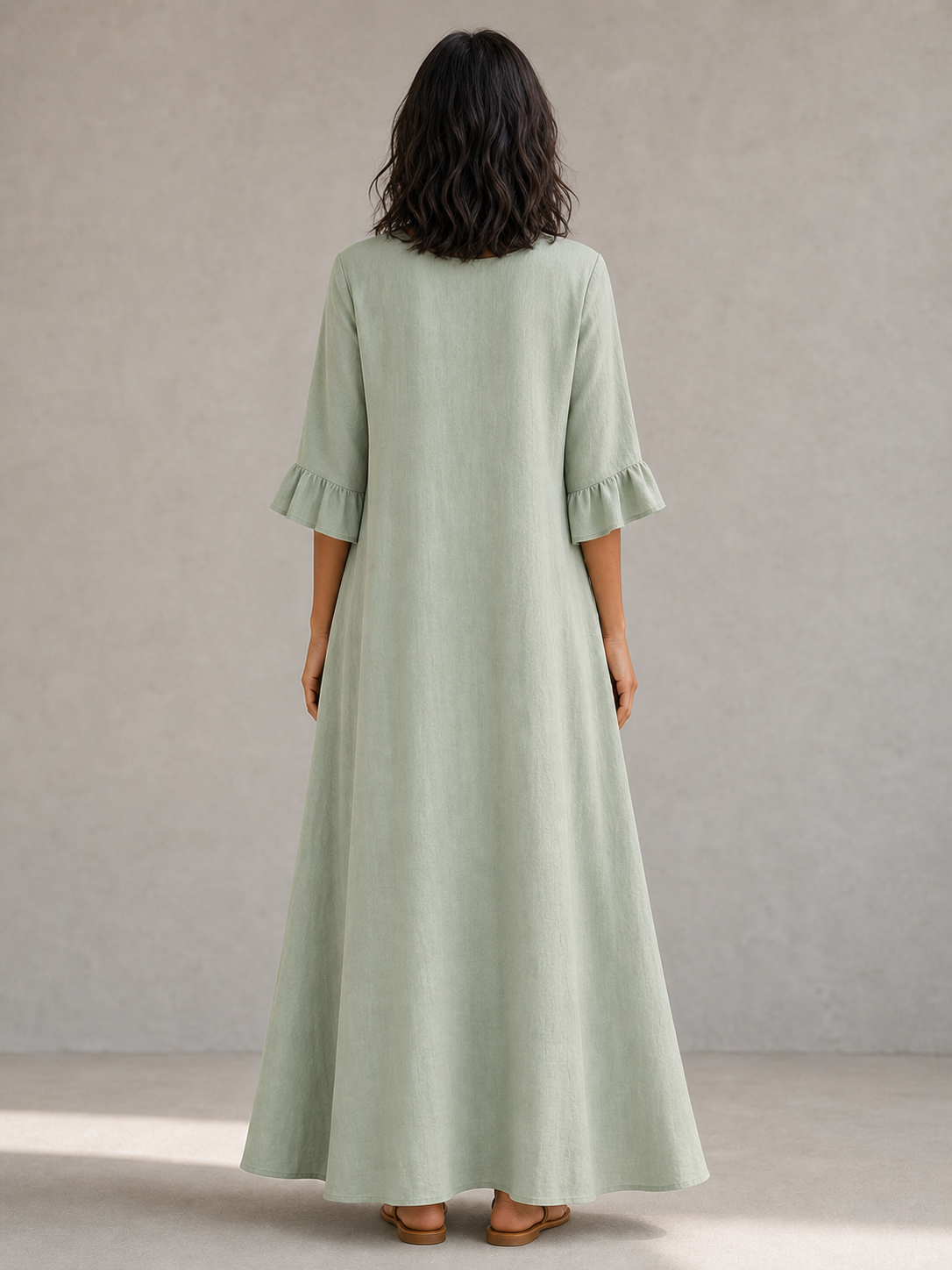 Women's sage ruffle-sleeve A-line maxi dress back view