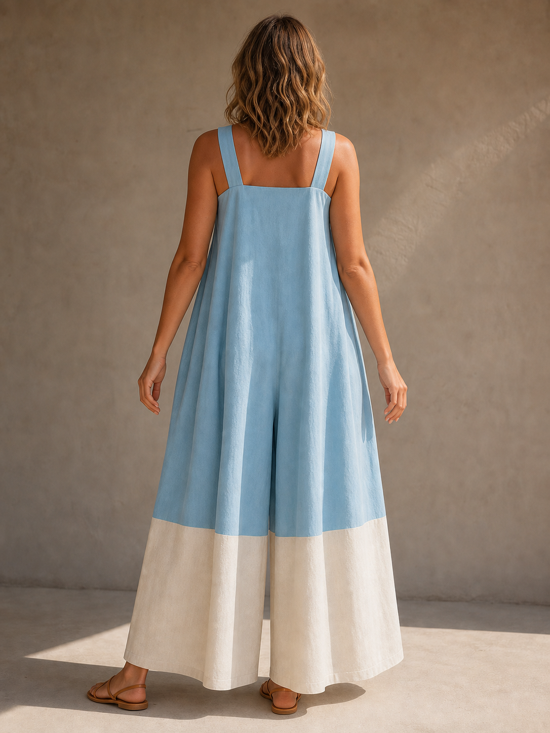 Back view of women's sky blue and ivory wide-leg jumpsuit