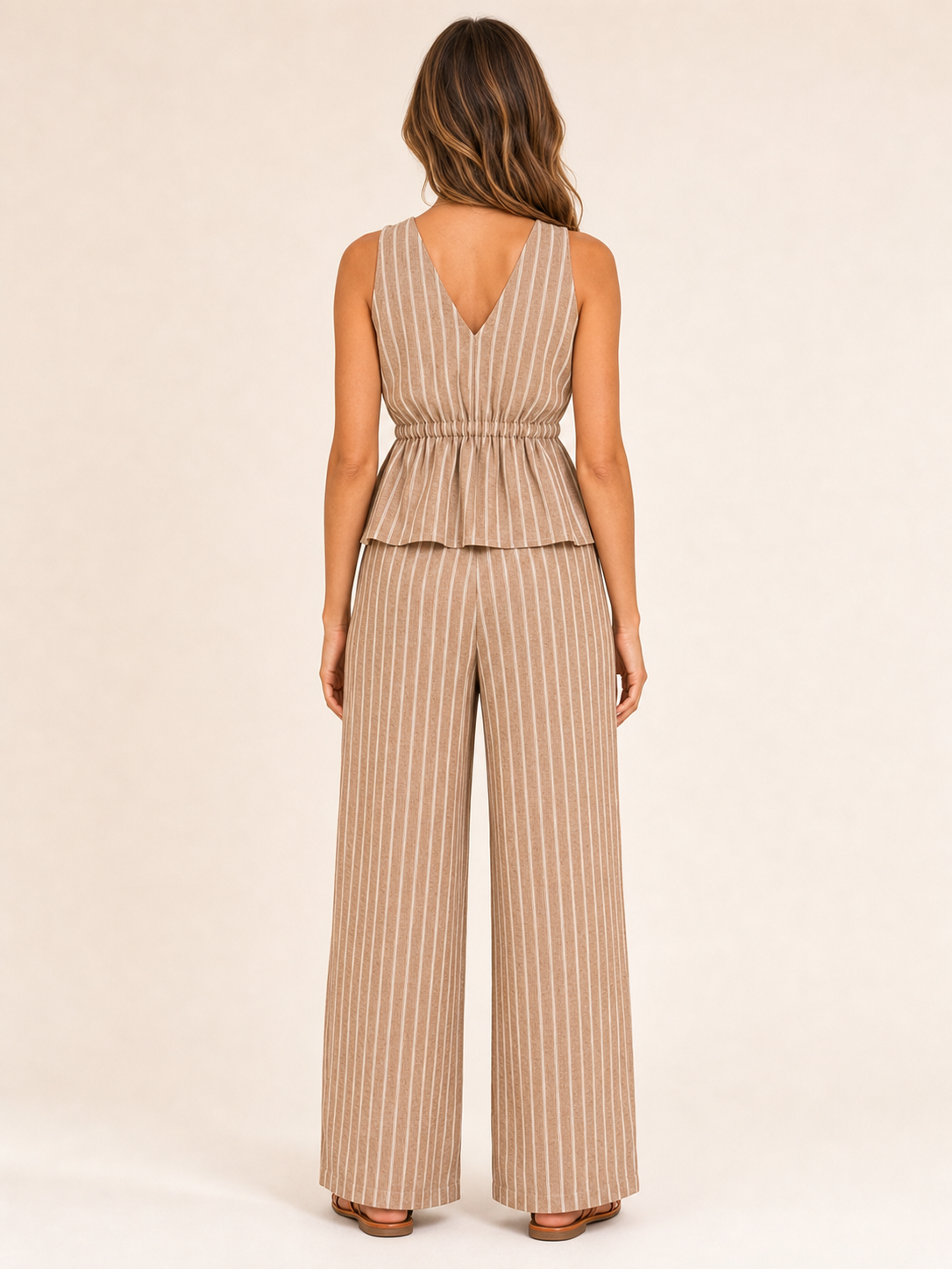 Women's taupe pinstripe two piece wide leg pants set back view