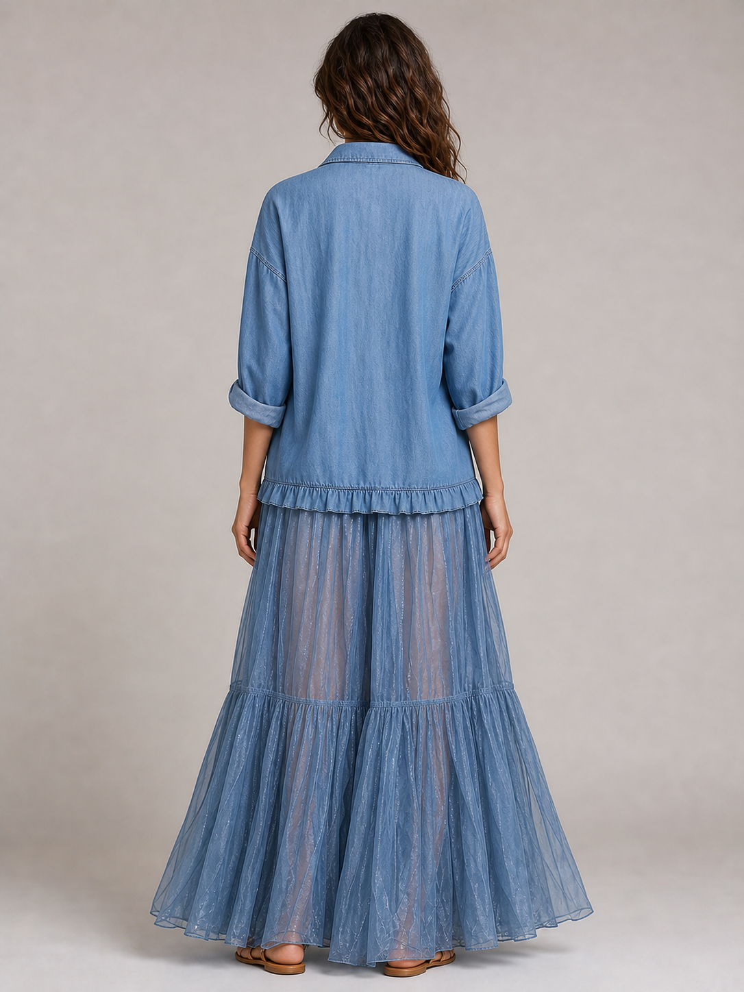 Women's washed blue ruffle shirt and sheer tiered maxi skirt set back view
