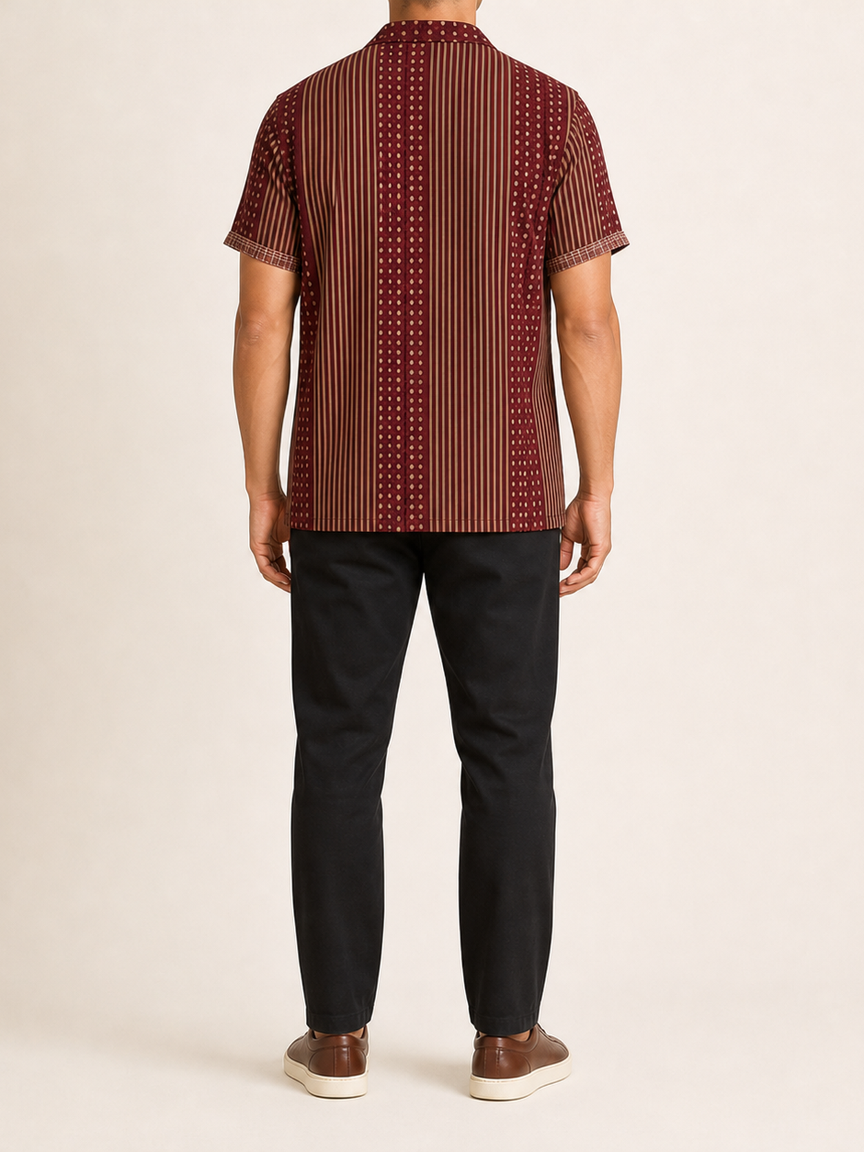 Burgundy stripe men's short-sleeve shirt back view