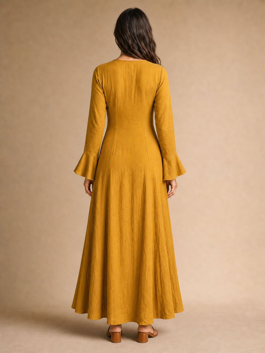 Women's mustard fitted bell-sleeve maxi dress back view