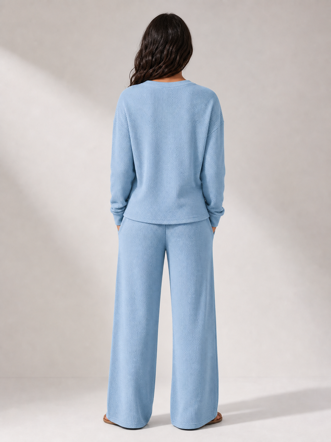 Women's light blue waffle Henley wide-leg lounge set back view