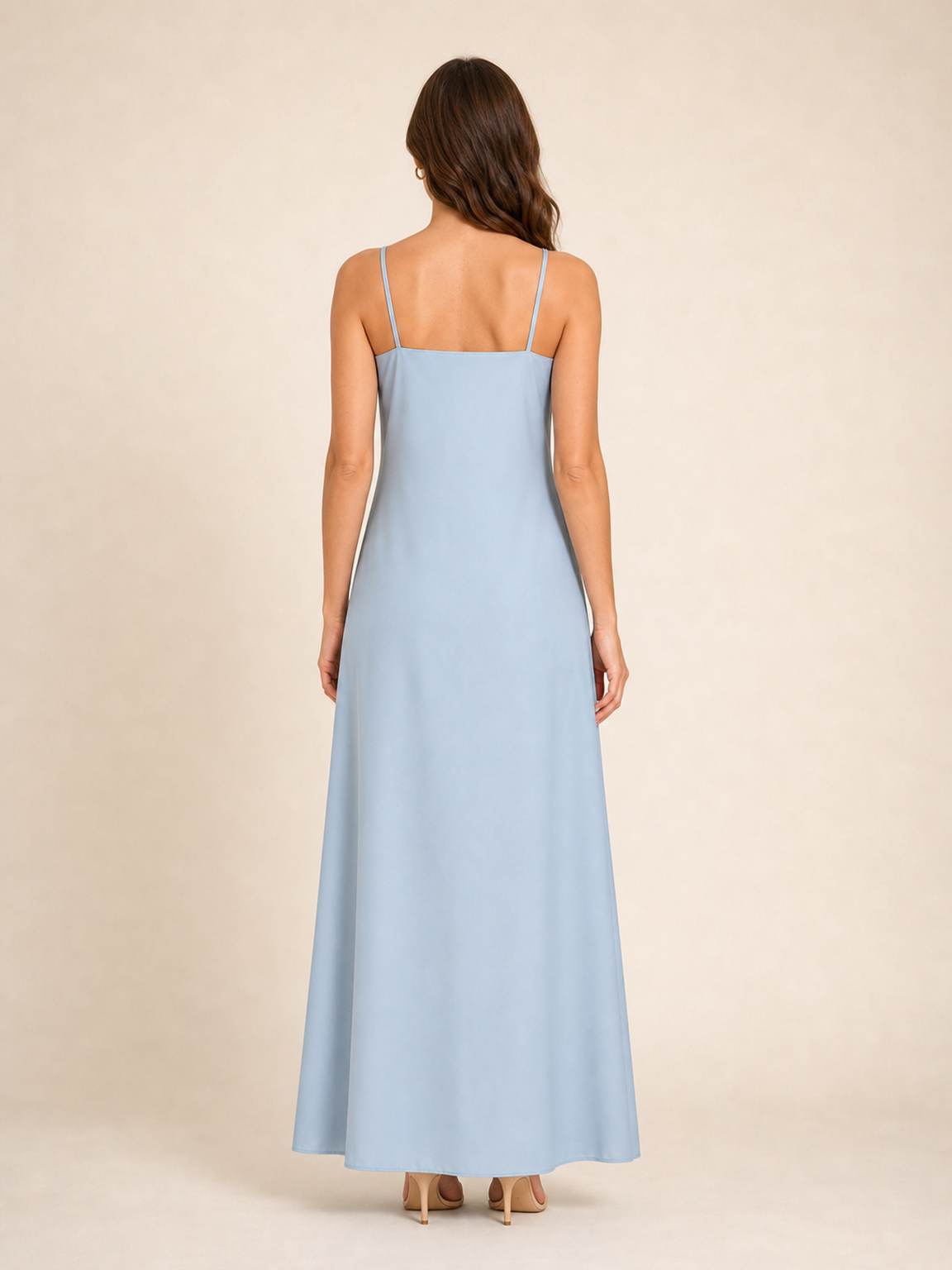 Women's powder blue lace trim slip maxi dress back view