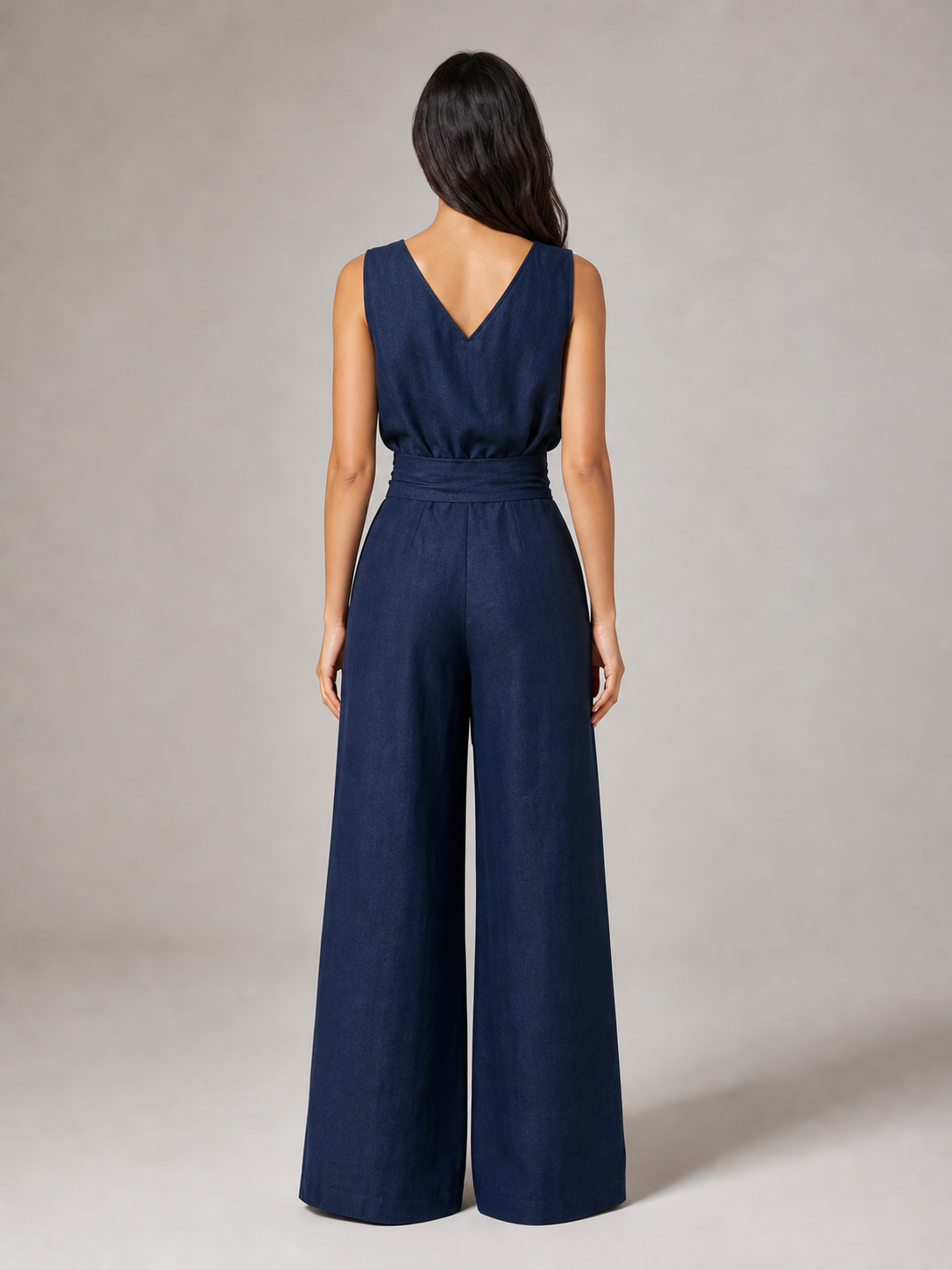 Women's deep navy sleeveless wide-leg jumpsuit back view