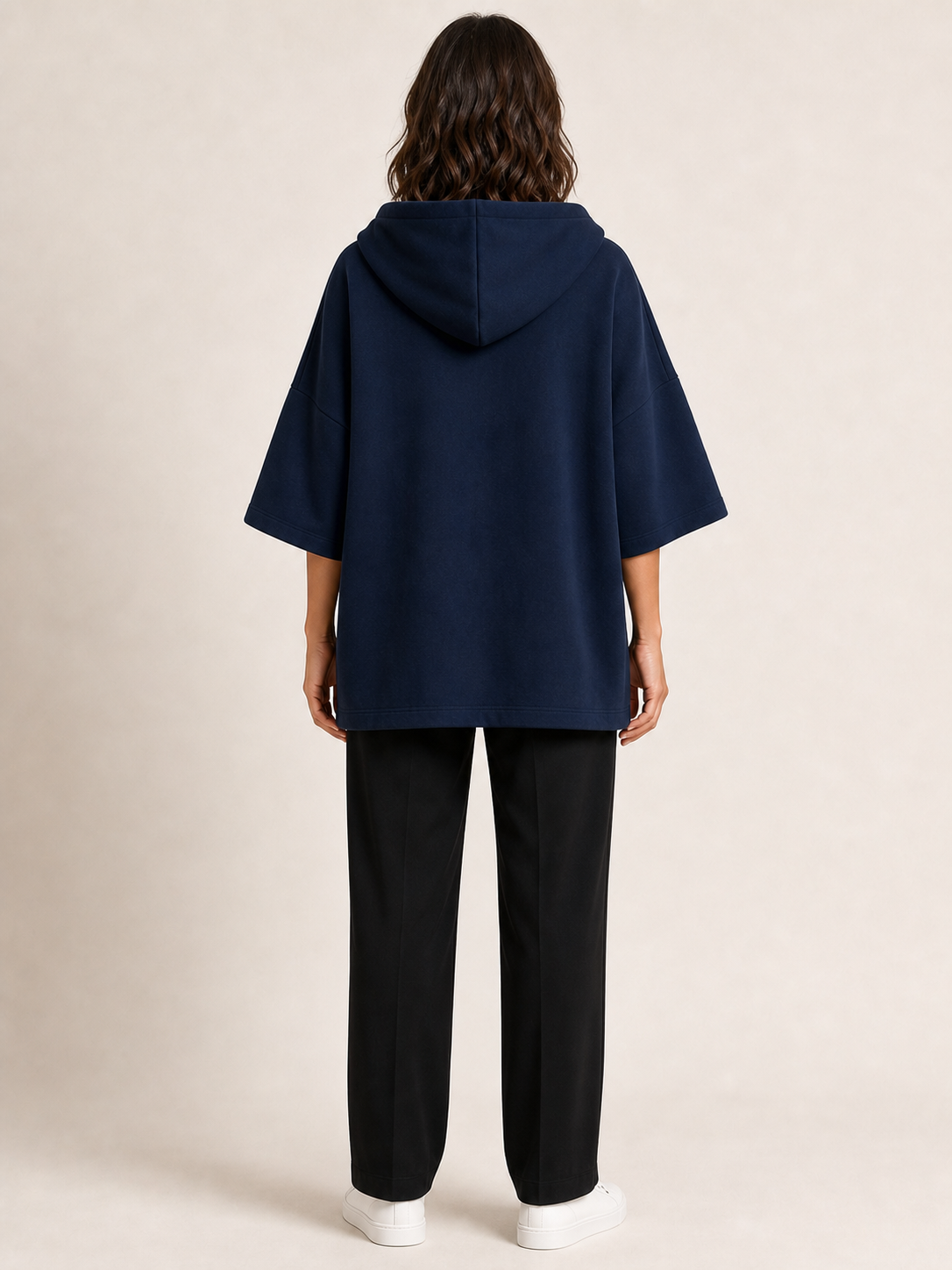 Women's navy oversized short-sleeve hoodie top back view