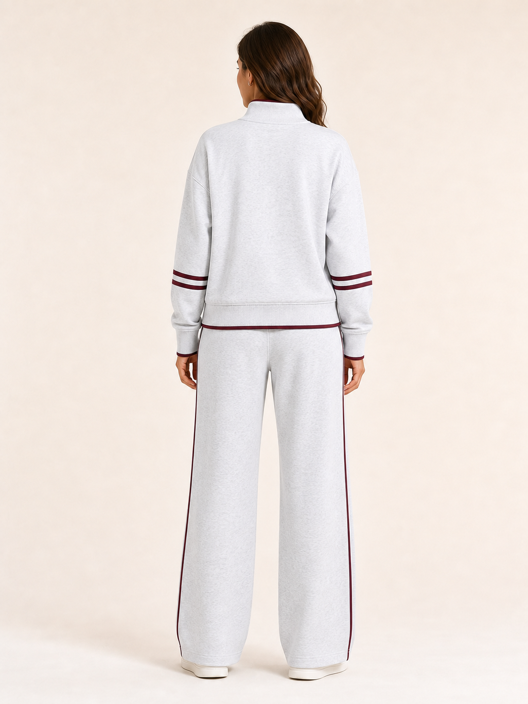 Women's light heather grey burgundy half-zip wide-leg set back view