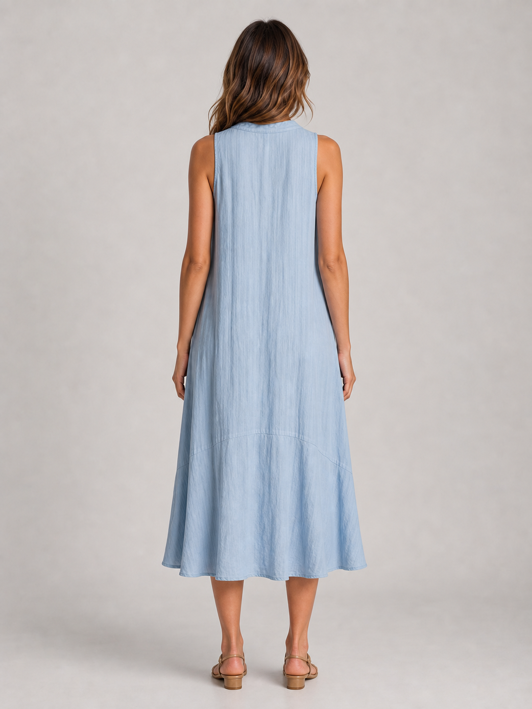 Women's powder blue sleeveless loose midi dress back view