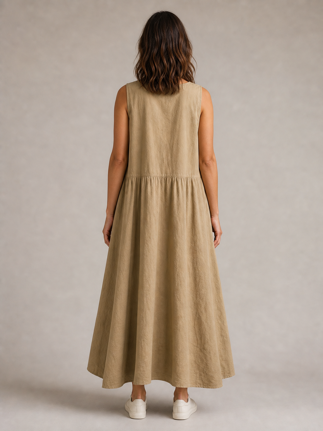Women's khaki sleeveless loose utility maxi dress back view