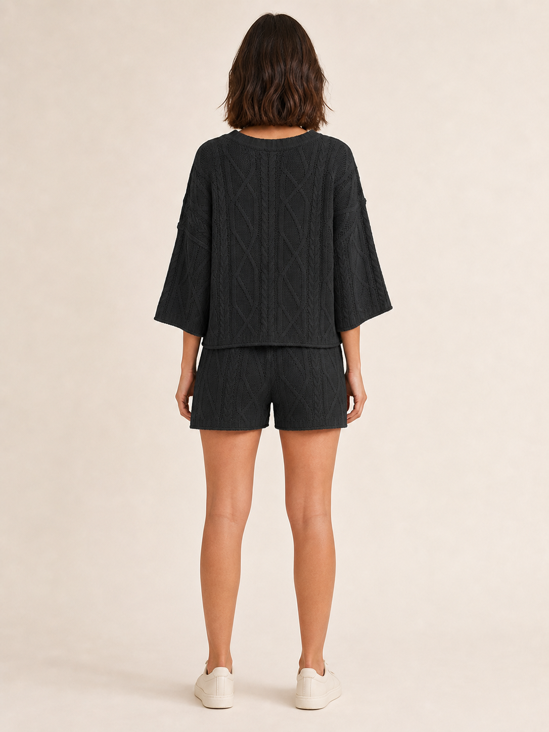 Women's charcoal openwork cable-knit top and shorts set back view