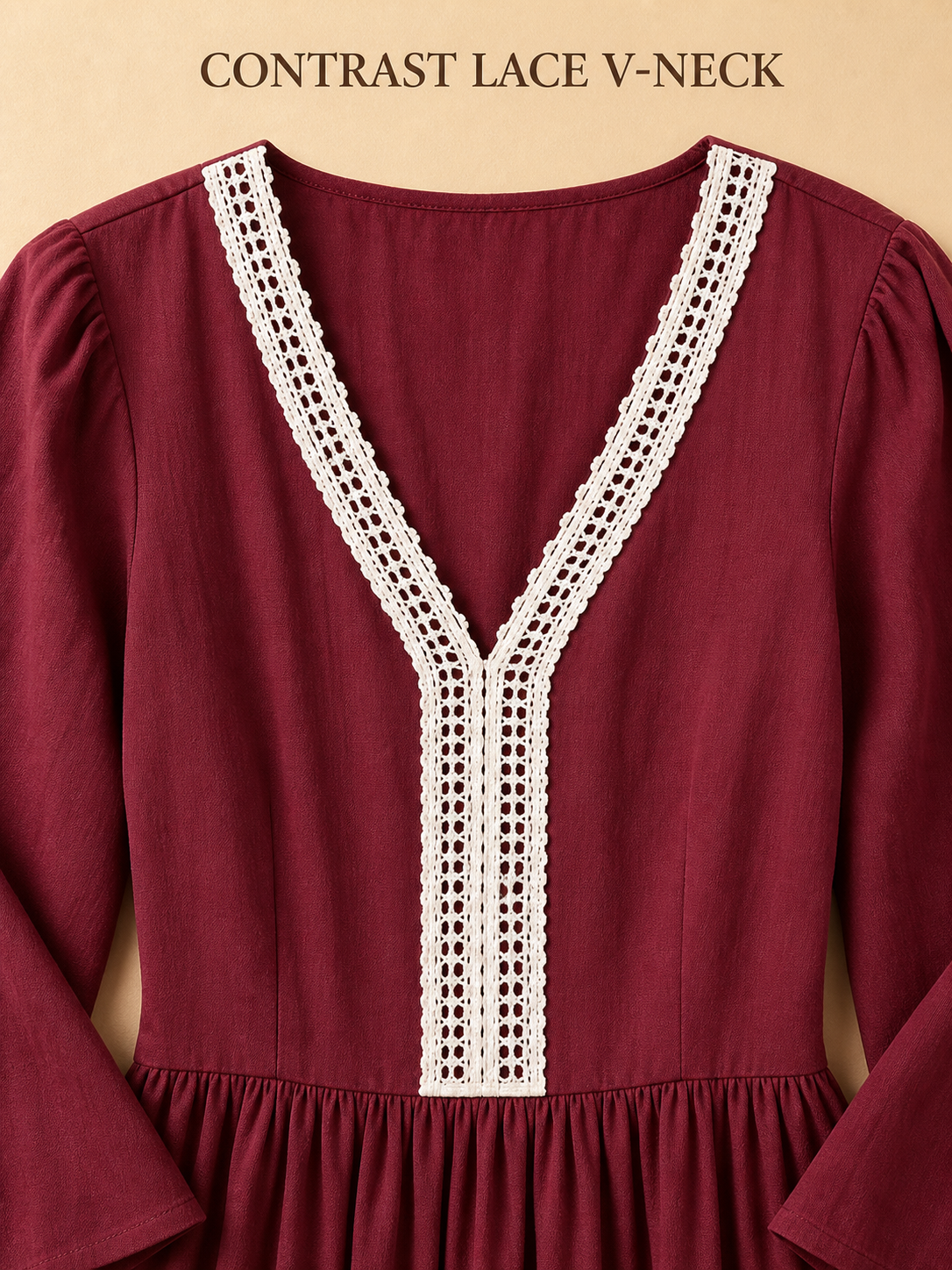 Contrast ivory crochet-lace V-neck and placket detail
