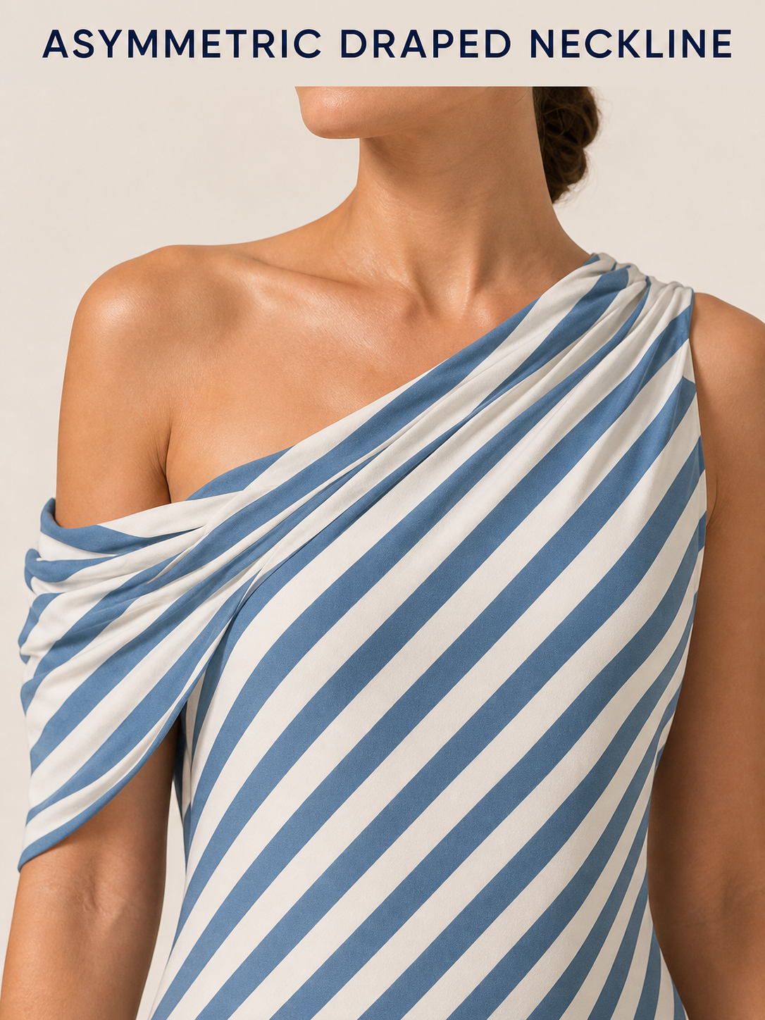 Asymmetric draped one-shoulder neckline detail