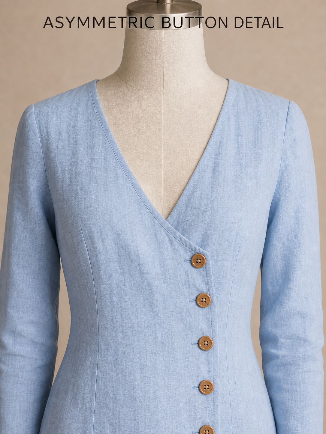 Asymmetric V-neck and wood-look button detail
