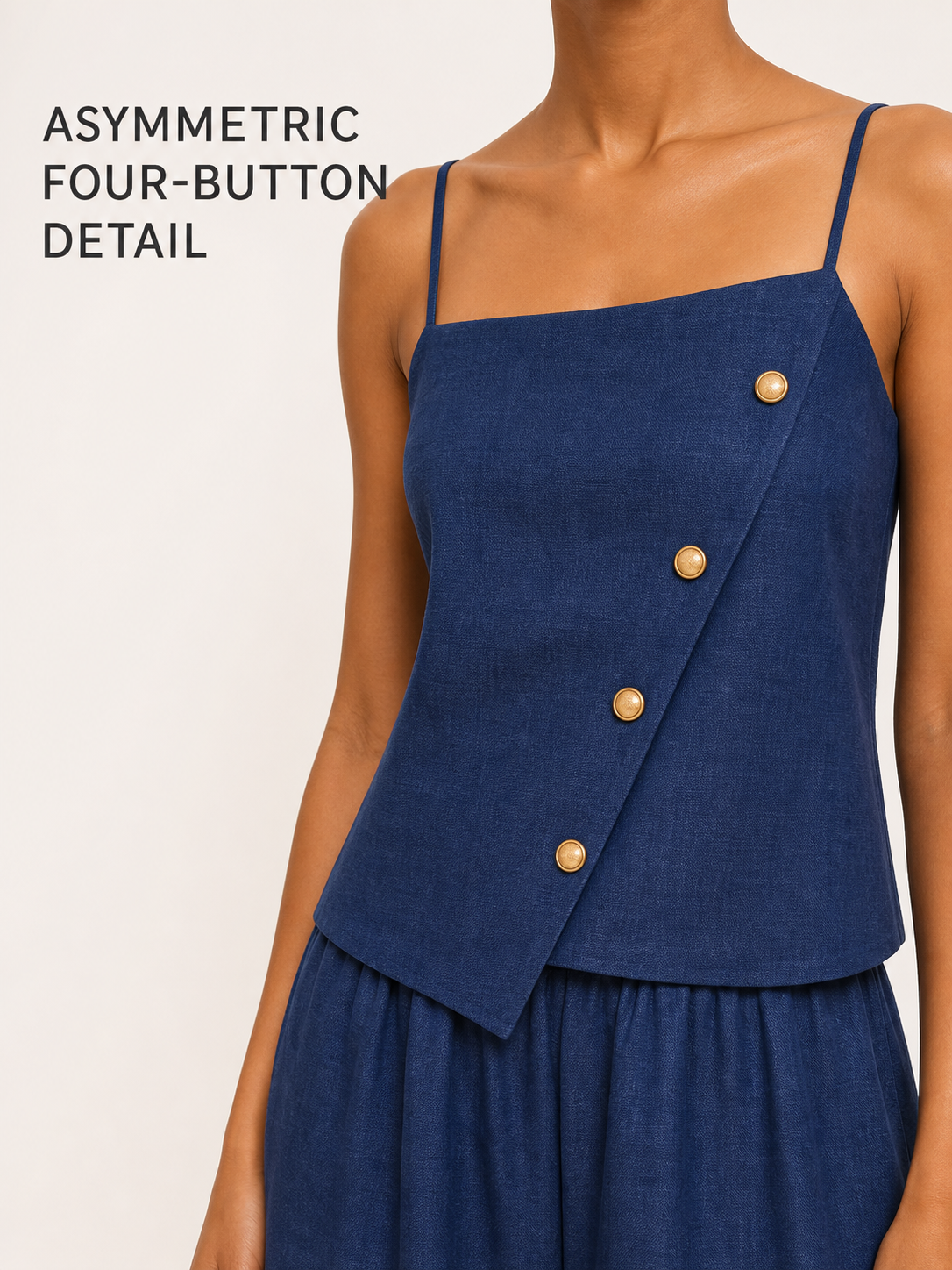 Asymmetric four-button camisole construction detail