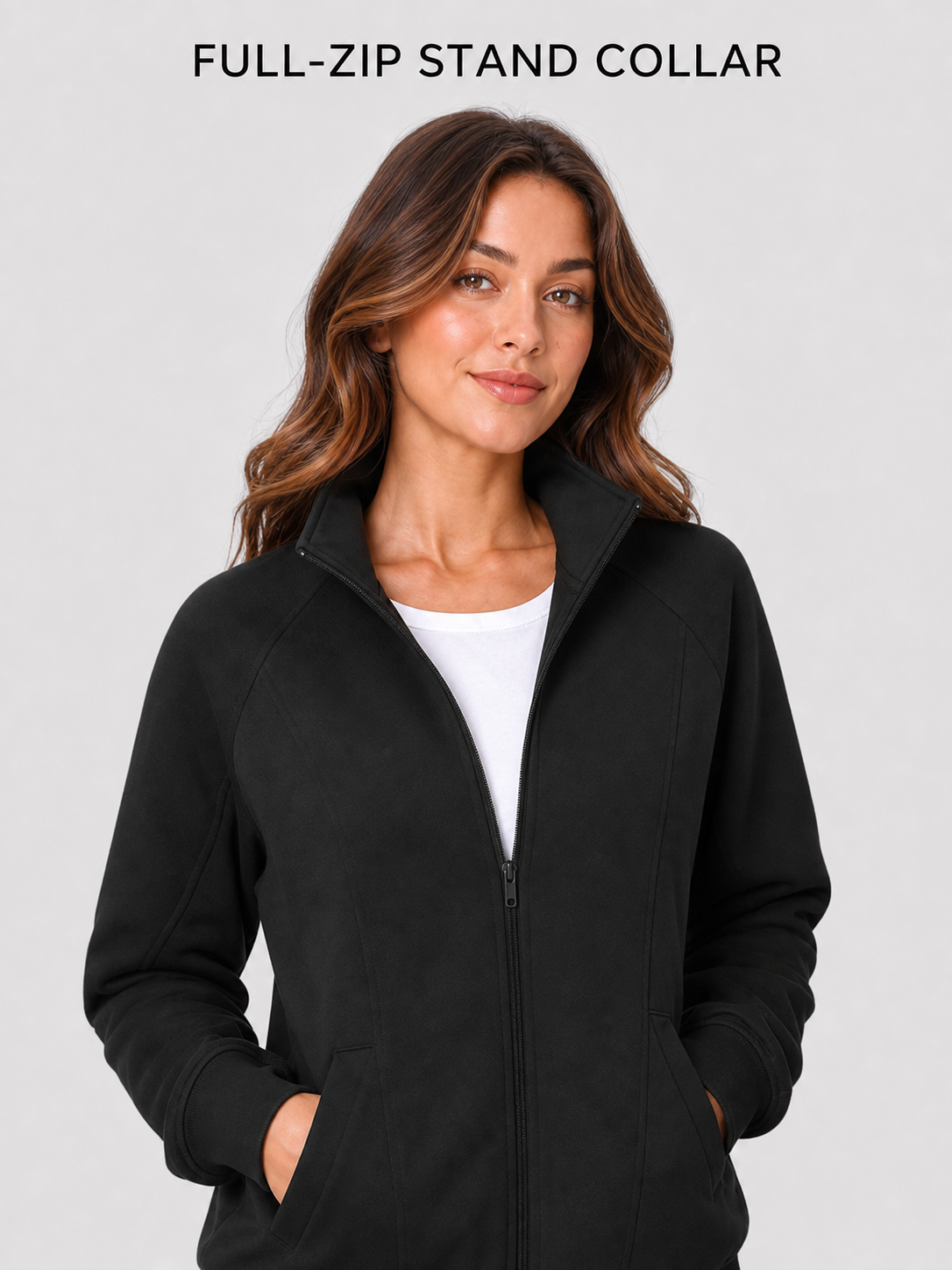 Full-zip stand collar and slanted pocket construction