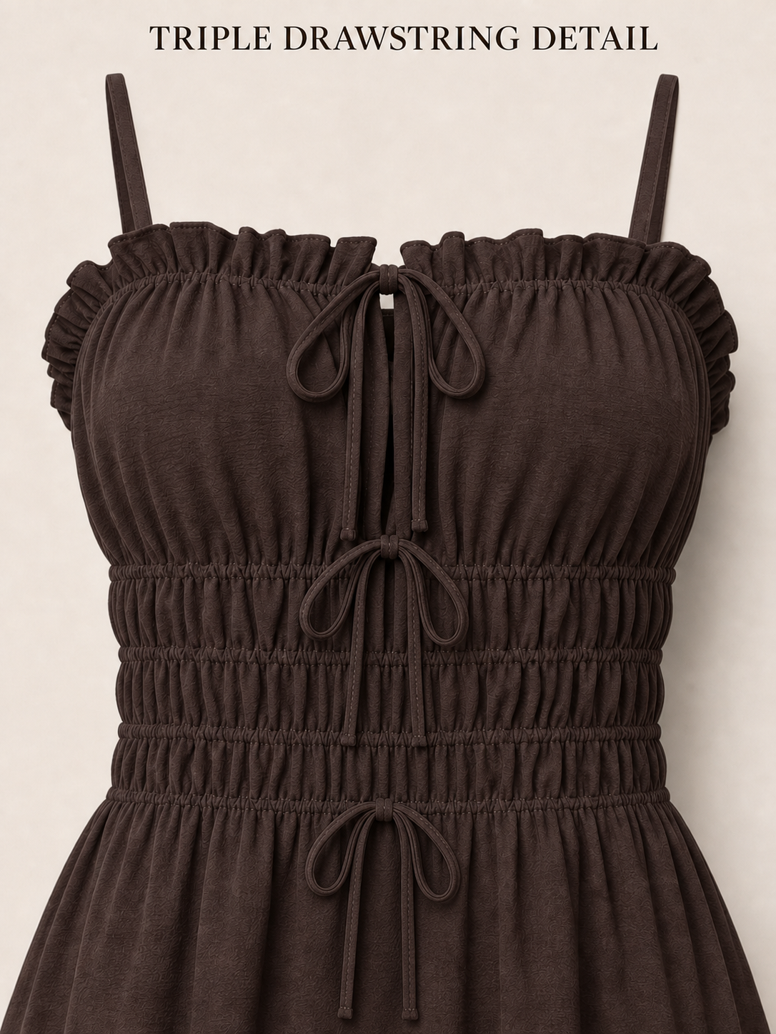 Triple drawstring ruffled bodice detail