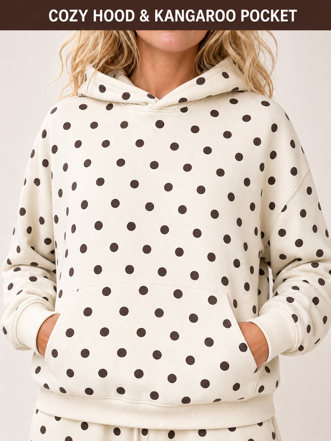 Polka dot lounge set hood and kangaroo pocket detail