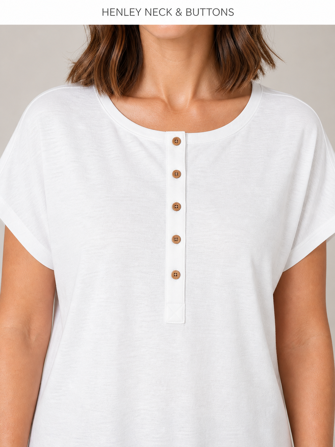 Round Henley neckline with five brown buttons