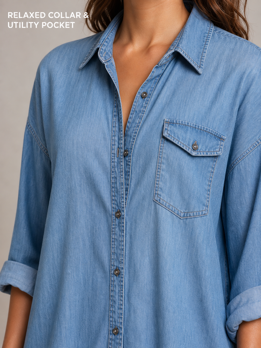 Relaxed collar button placket and single utility pocket detail