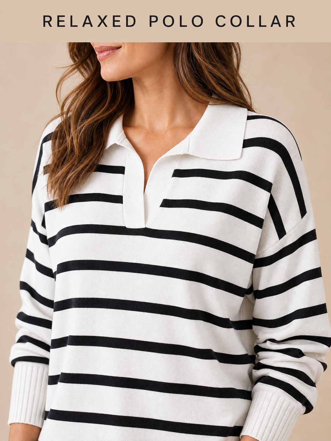 Relaxed polo collar and buttonless V opening detail