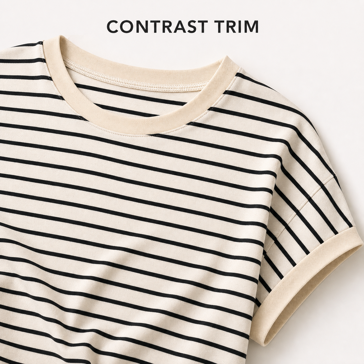 Contrast crew neck and short-sleeve trim construction detail