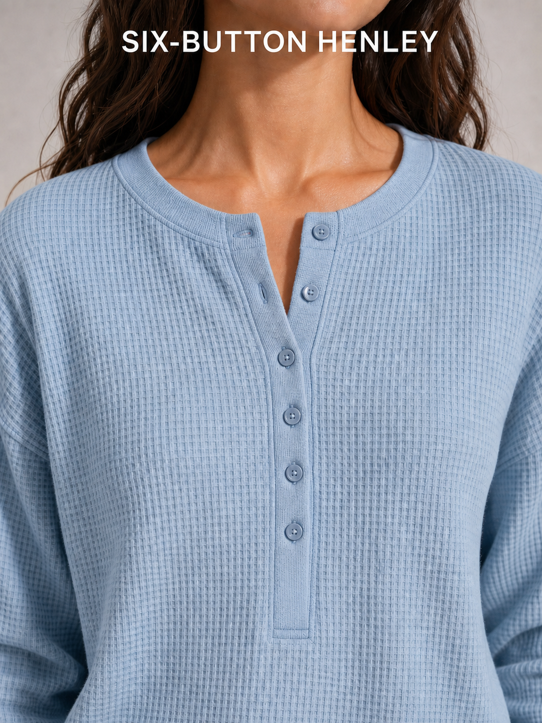 Six-button round-neck Henley placket detail
