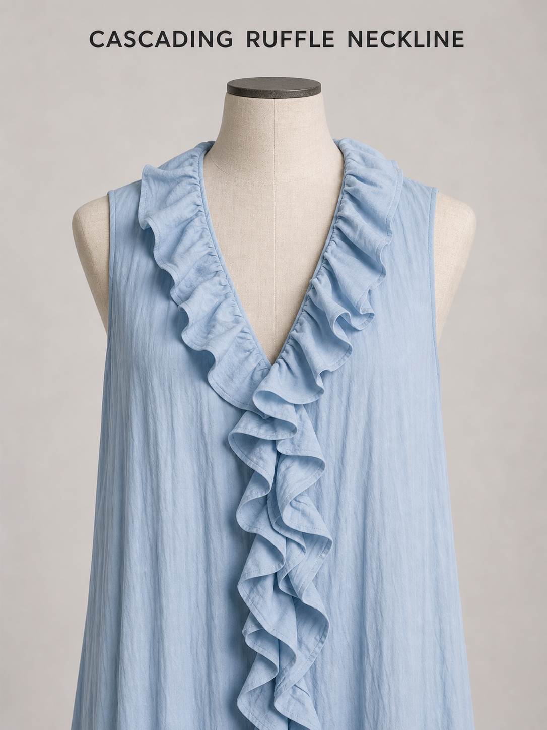 Cascading ruffle V neckline construction detail
