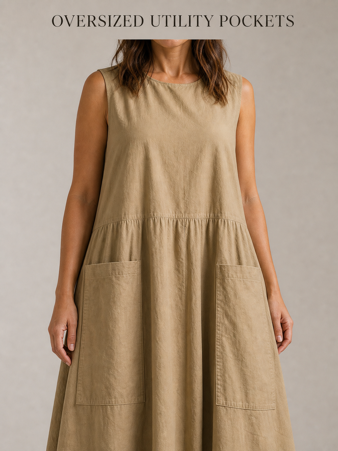Oversized utility patch pockets and low gathered waist seam detail