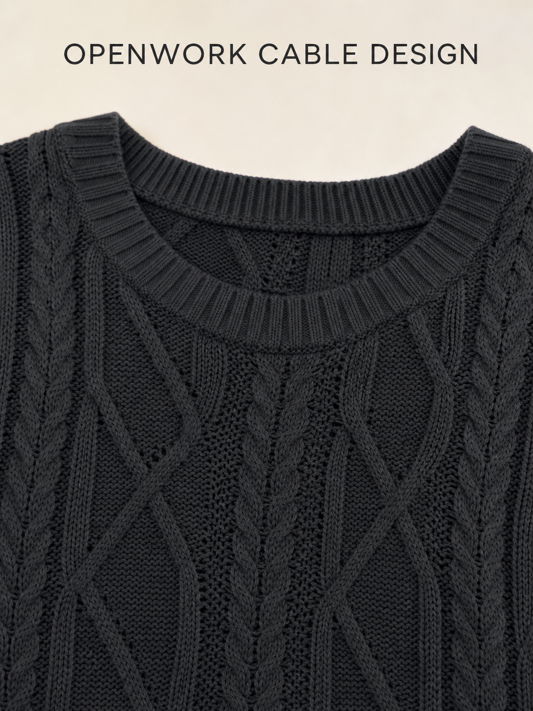 Wide round neckline and openwork cable design detail
