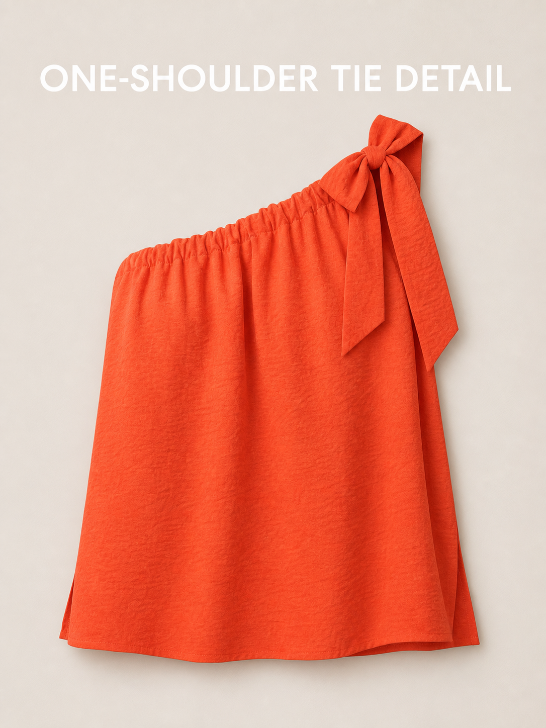 Asymmetric gathered neckline and right shoulder tie detail
