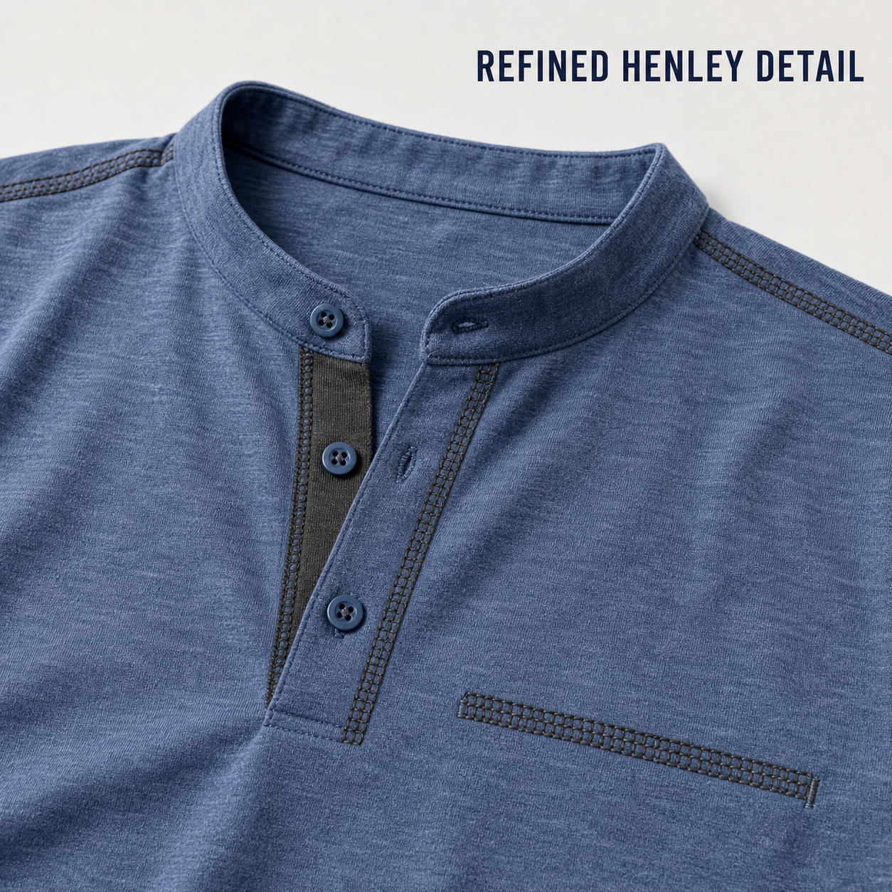 Band collar and three button Henley placket detail