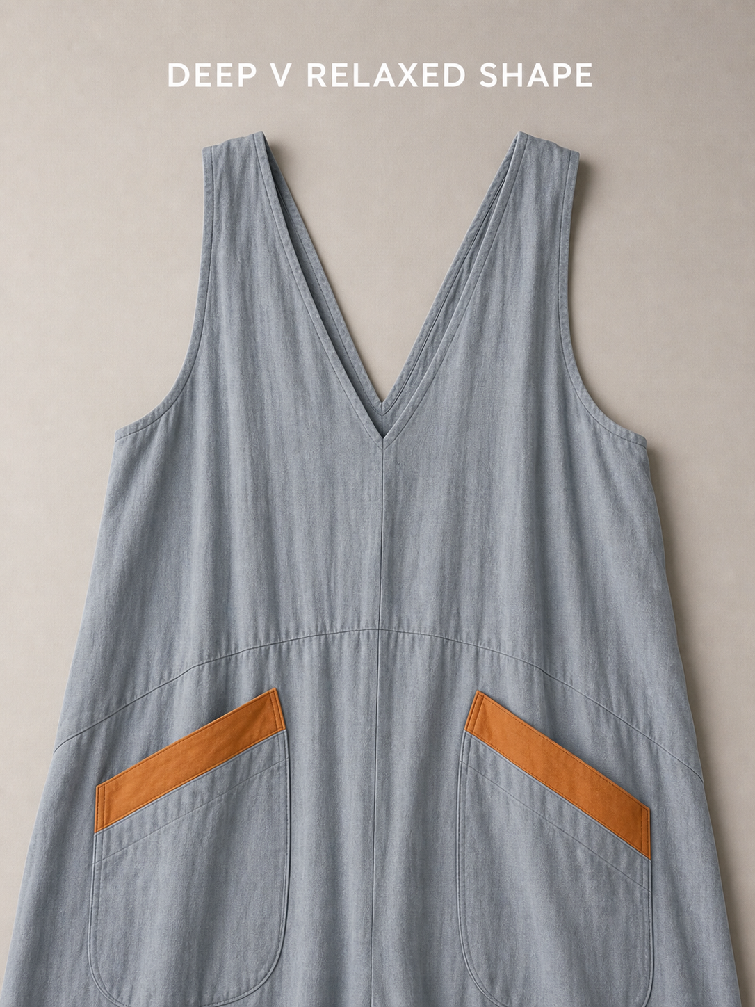 Deep V neckline and relaxed low-seam jumpsuit structure