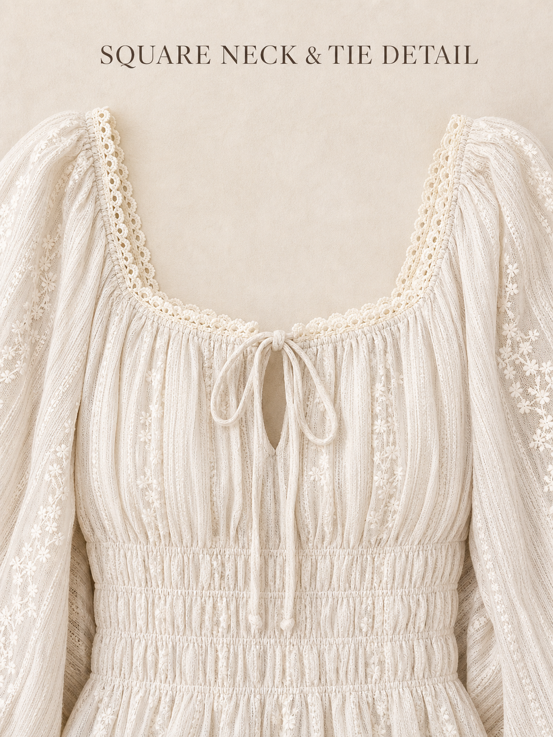 Square neckline scalloped trim front tie and keyhole detail