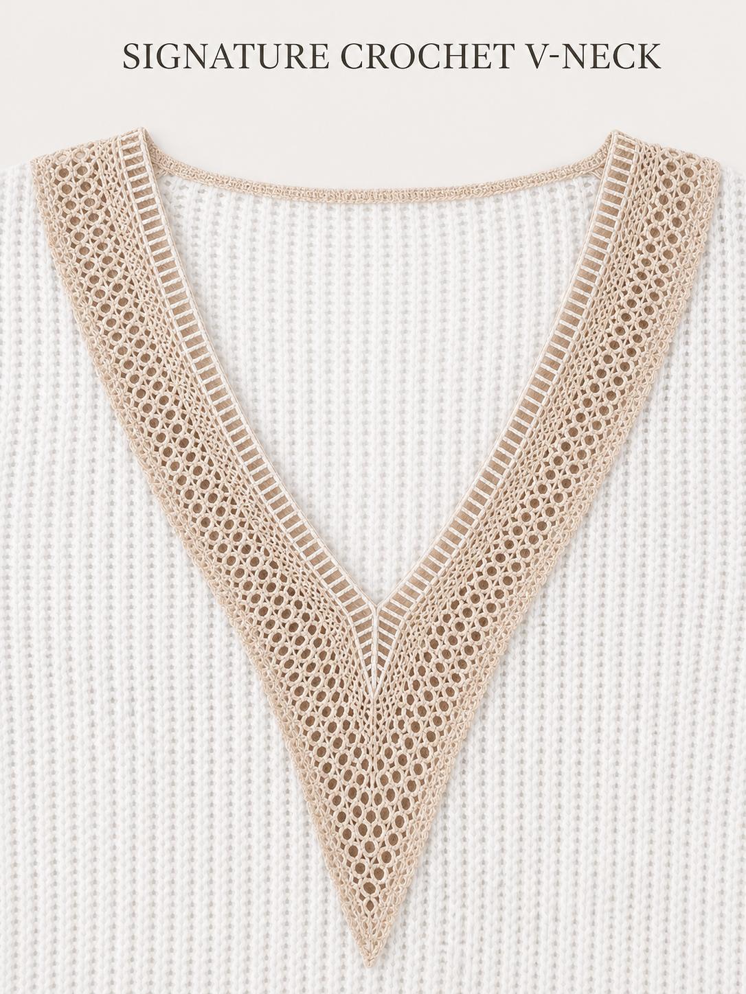 Taupe crochet deep V neckline detail