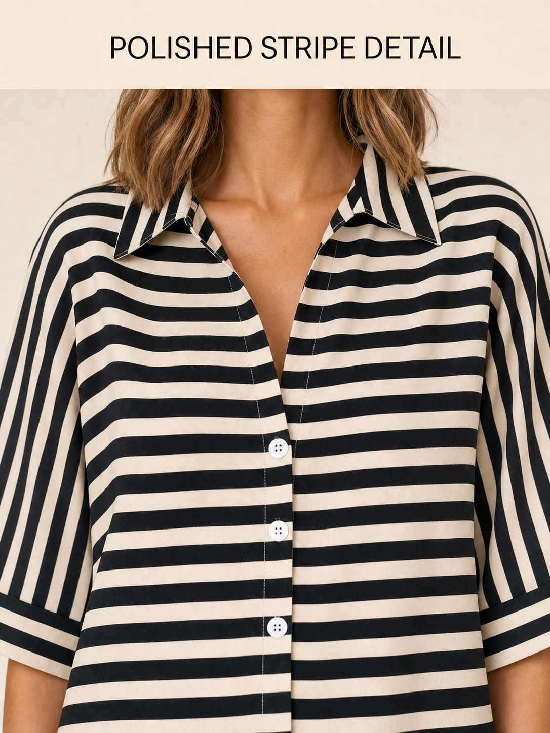 Striped shirt collar button placket and coordinated sleeve detail