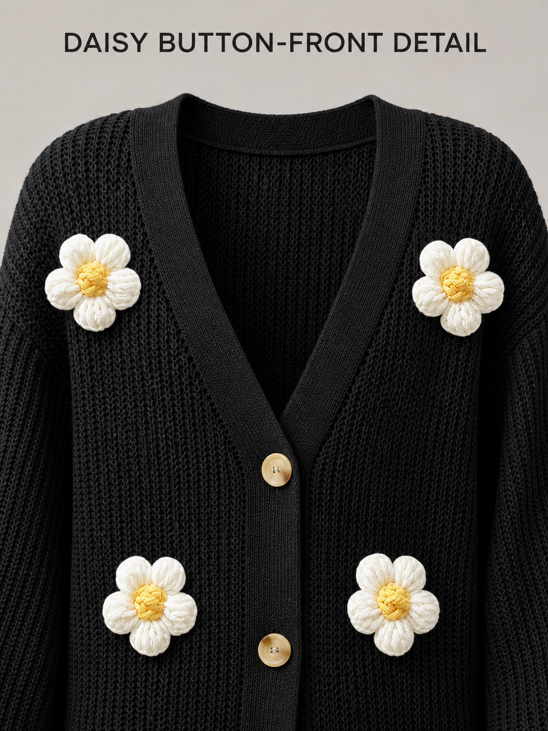 Four daisy appliques and two-button V-neck cardigan detail