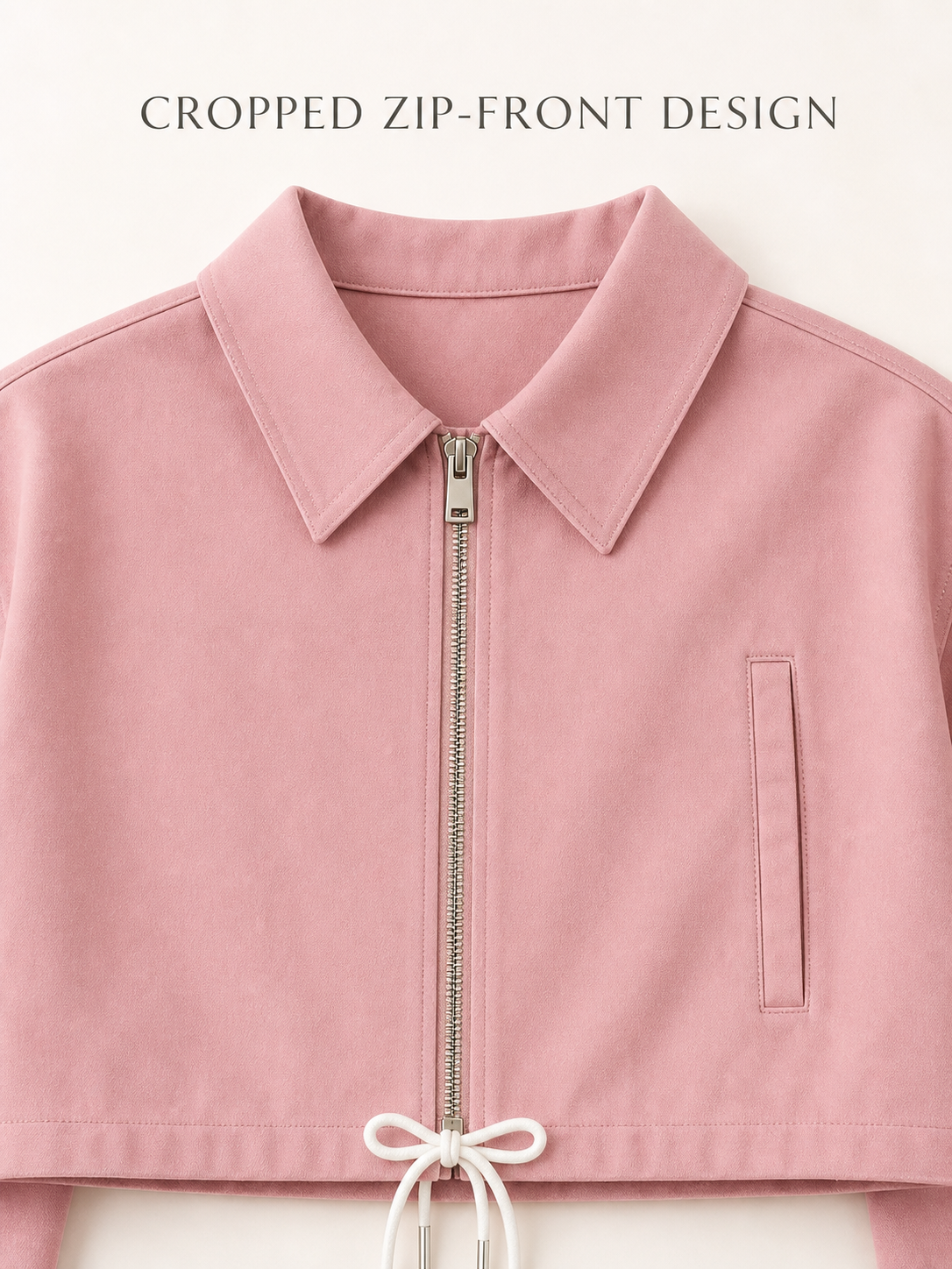 Cropped pointed-collar silver zip-front jacket detail