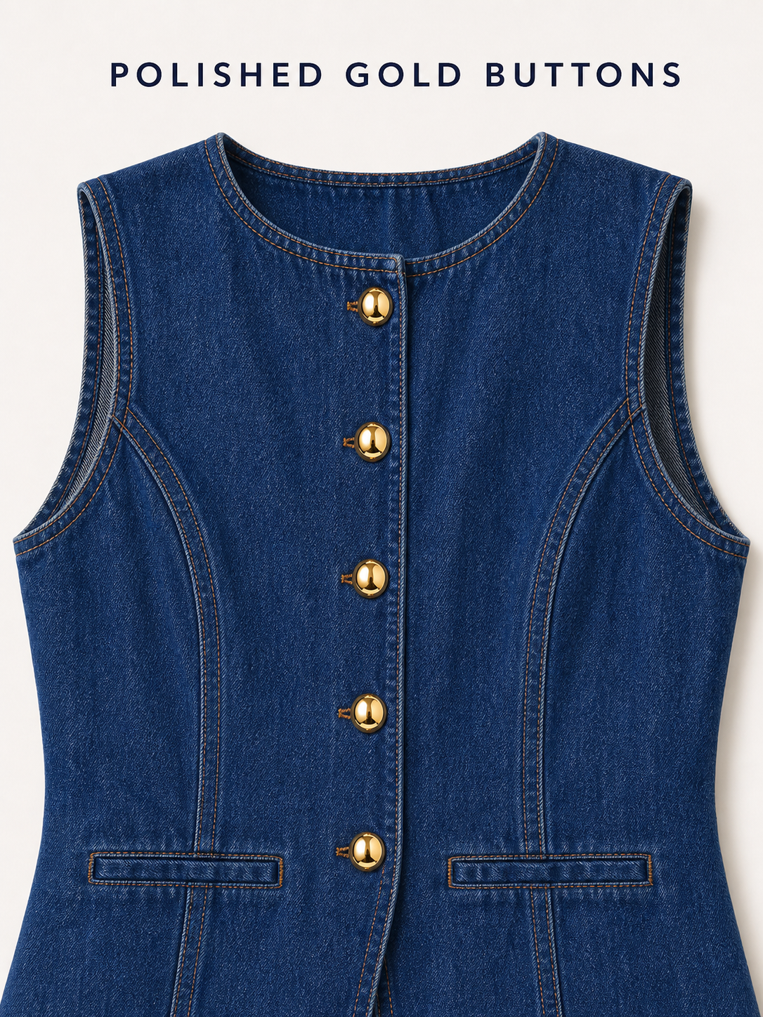 Polished gold five-button vest and welt pocket detail